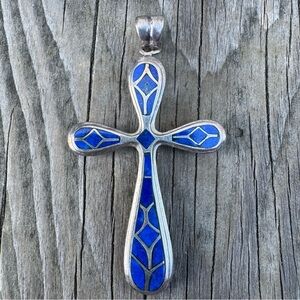 .925 Sterling Lapis Inlay Pendant signed AK